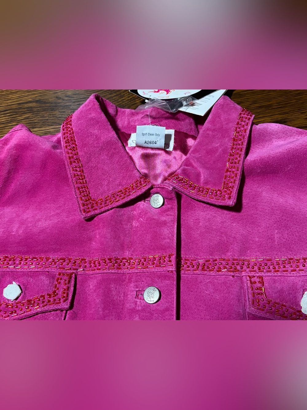 NWT Vintage Quacker Factory Genuine Suede Jacket Raspberry Pink Beaded Trim 2X